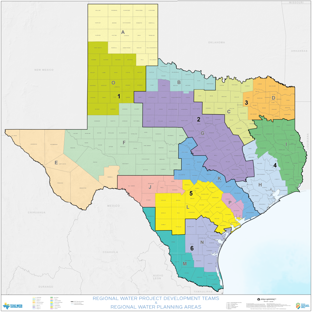texas-regional-water-planning-map Map of Texas regional water planning areas with distinct color-coded sections for labeling each region A through P.