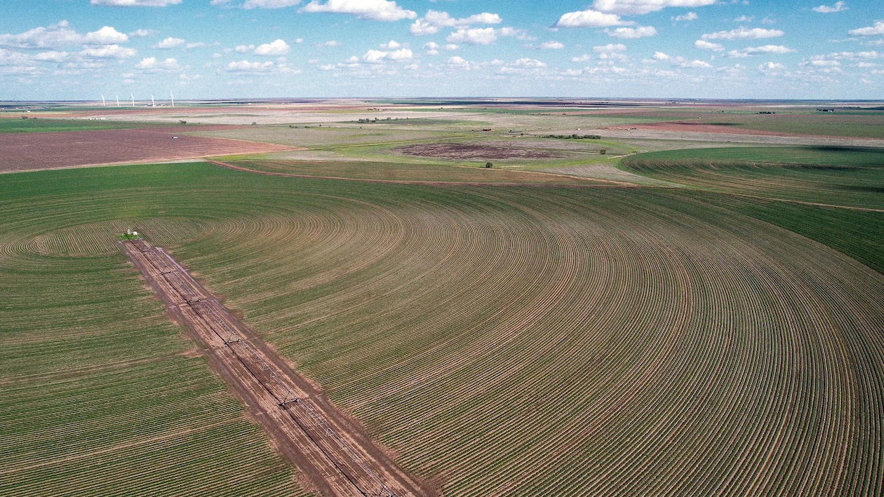 Vista aérea de extensas tierras de cultivo con patrones circulares de cultivos bajo un cielo azul con nubes dispersas.