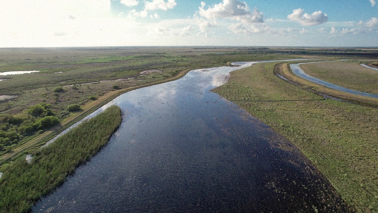 Aerial view of a winding river through a grassy wetland under a blue sky with clouds